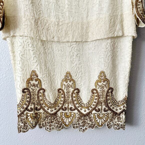 Vintage Night Vogue Cream Silk Beaded Gold Ornate Dress Women’s Size Medium - Picture 4 of 15